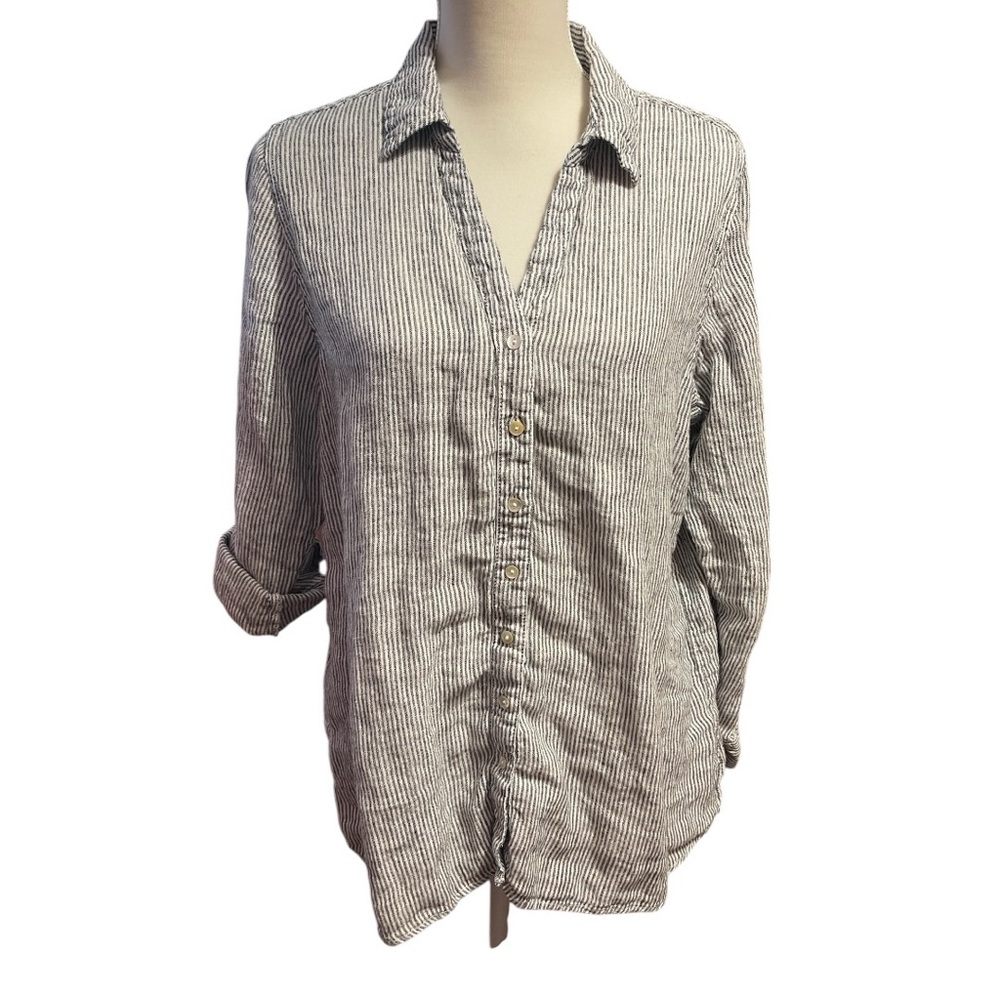 Sigrid Olsen Linen Striped Button Shirt Roll Tab Sleeve Black White 1X Summer
